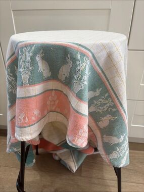 Woven Rabbit Pattern Tablecloth - White, Coral & Teal